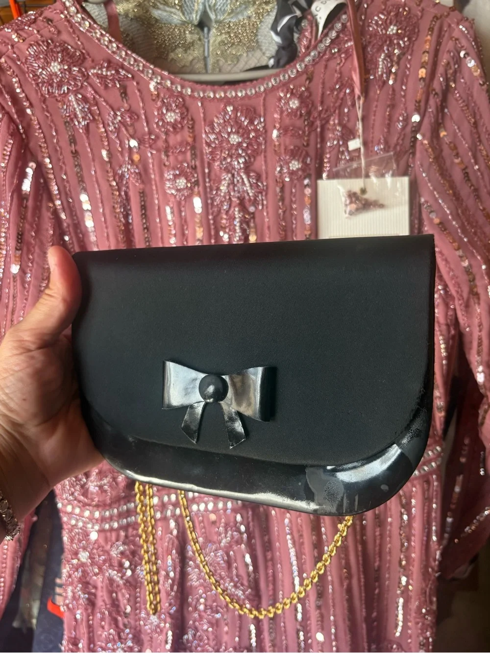 Dior Black Clutch with Bow and Gold Chain